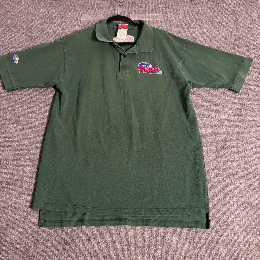 Vintage Philadelphia Phillies Polo Shirt Mens Large Green Majestic Cotton USA